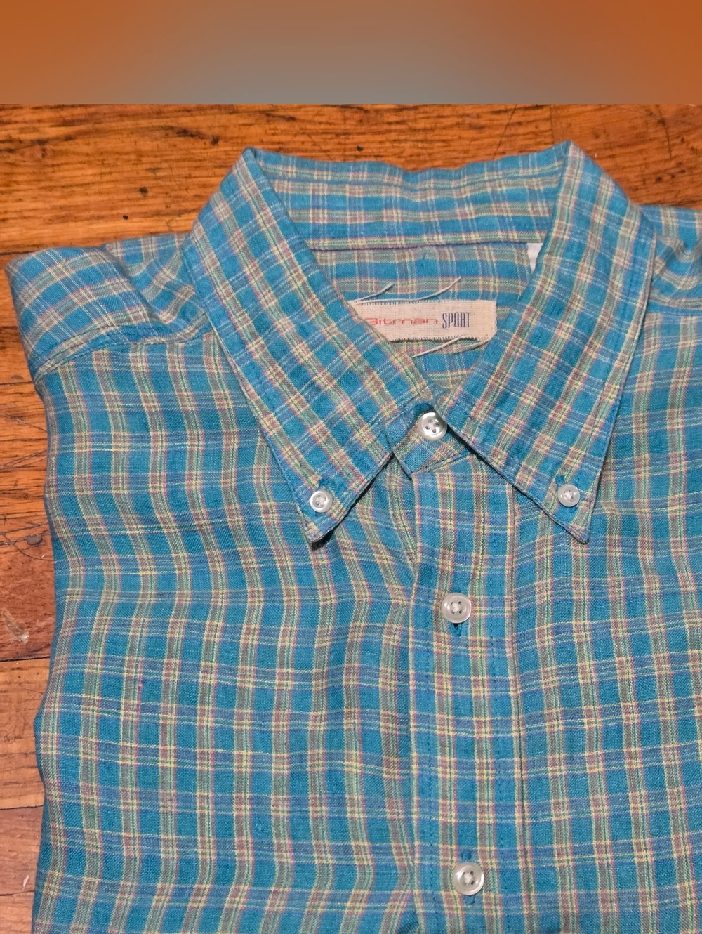 VTG Gitman SPORT Plaid Linen Shirt L Made in India Teal Button Down Shirt